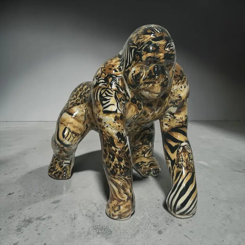 La Vie Safari Gorilla Sculpture Zebra Leopard Decoupage Glazed Ceramic Decor Art