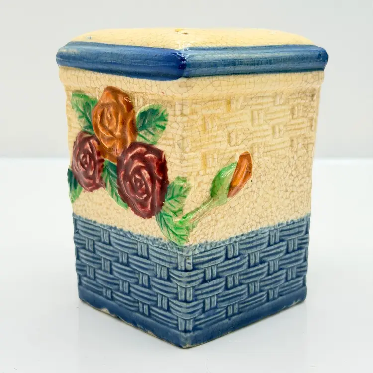 Large Vintage Ceramics Yellow Ware Handled Shaker With Floral Design