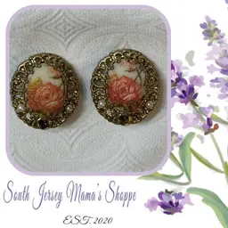 Vintage Western Germany Gold Tone Oval Filigree With Rose Center And Faux Pearl Clip Earrings