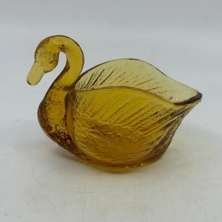 Vintage L E Smith Glass Amber Swan Figurine Open Back Trinket Dish Nuts Candy