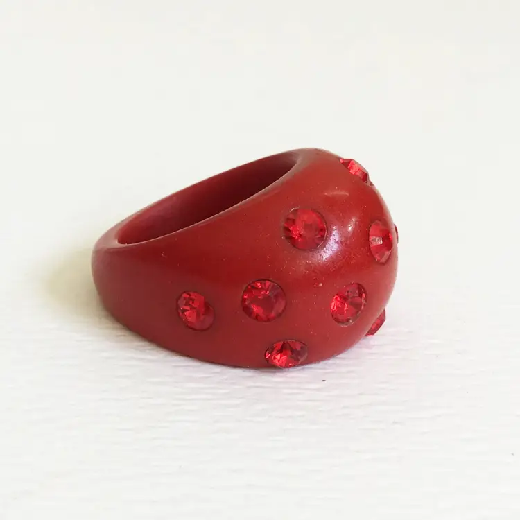 Red Dome Inset Ruby Colored Rhinestone Plastic Shimmery Mod Retro Plastic Ring