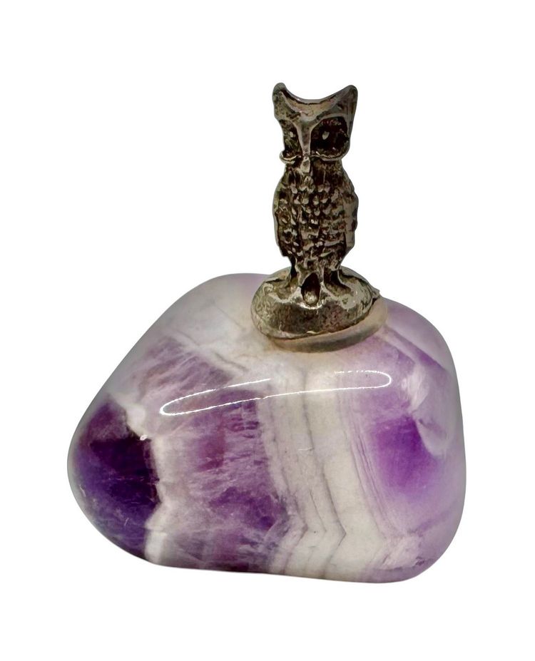 Vintage Pewter Silver Tone Owl Bird on Amethyst Stone Figurine Purple Metal 1.5”