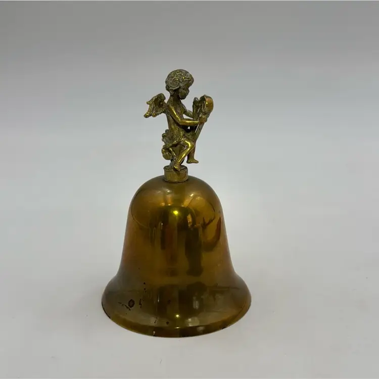 Vintage Brass cherub Bell 4 Inches Tall, Playing A Harp Wing Angel