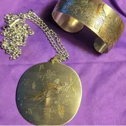 Reed & Barton Damascene Cuff Bracelet & Necklace - Audubon Birds Cardinals