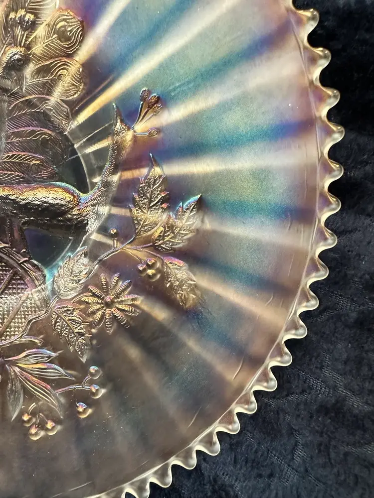 Northwood Clear Carnival Glass Peacocks On Fence Crimped Pie Edge