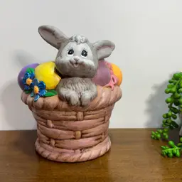 Vintage Ceramic Easter Egg Basket Planter Bunny Rabbit 7"