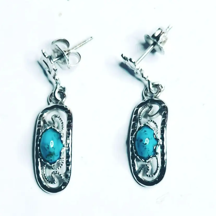 Vintage Silver Tone Faux Turquoise Dangle Earrings Boho