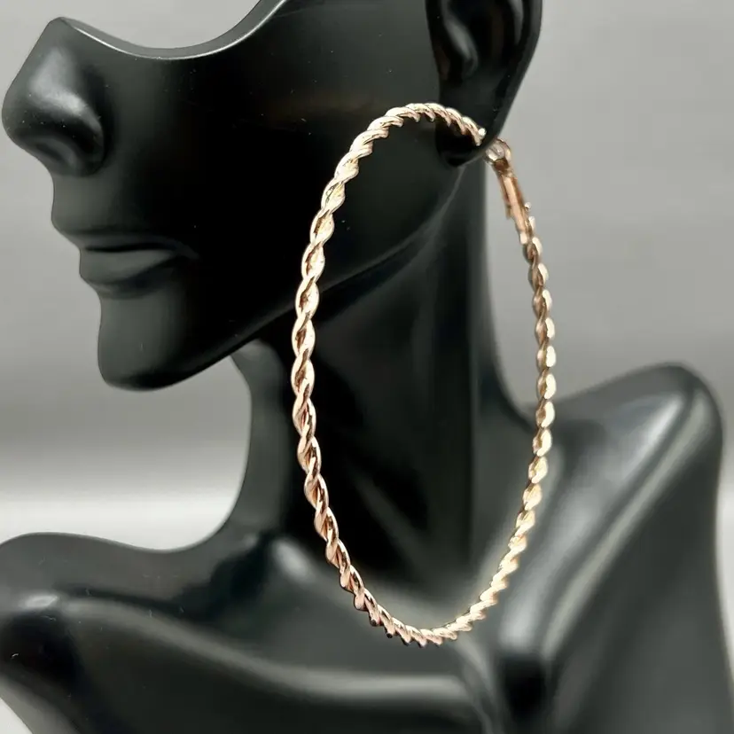 Large Rose Gold Tone Twisted Rope Hoop Earrings 3" Statement Jewelry
