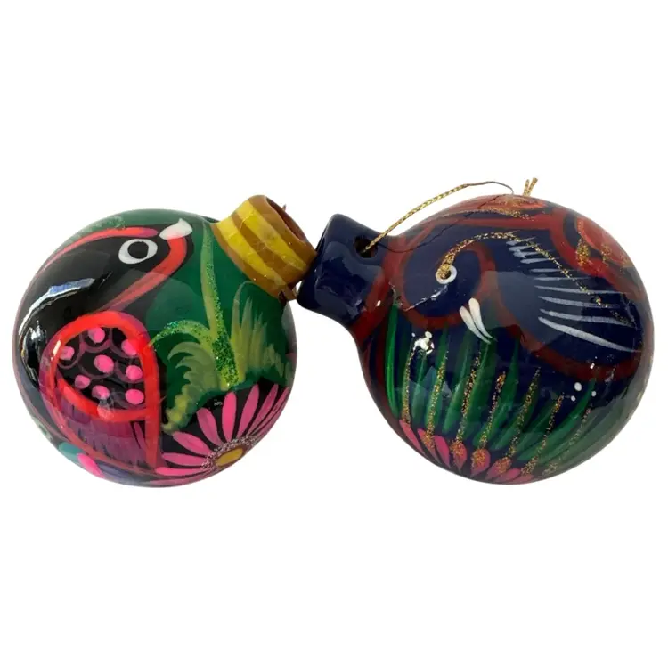 2- Talavera Christmas Balls Ornament Mexican Ceramic Folk Art Pottery Birds