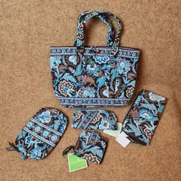 5pc Vera Bradley Set Java Blue Floral Blue/Brown Tote Wallet Glasses Case Makeup