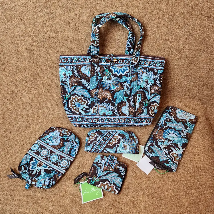 5pc Vera Bradley Set Java Blue Floral Blue/Brown Tote Wallet Glasses Case Makeup