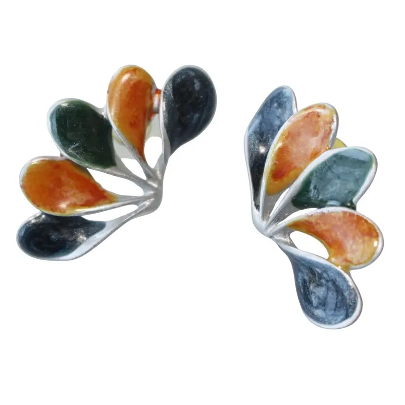 Pair Orange & Navy Blue Enamel Fan Post Back Earrings, 1.75"