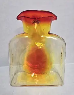 2015 Blenko Art Glass Tangerine Amberina Double Spout Water Bottle Pitcher. 8".
