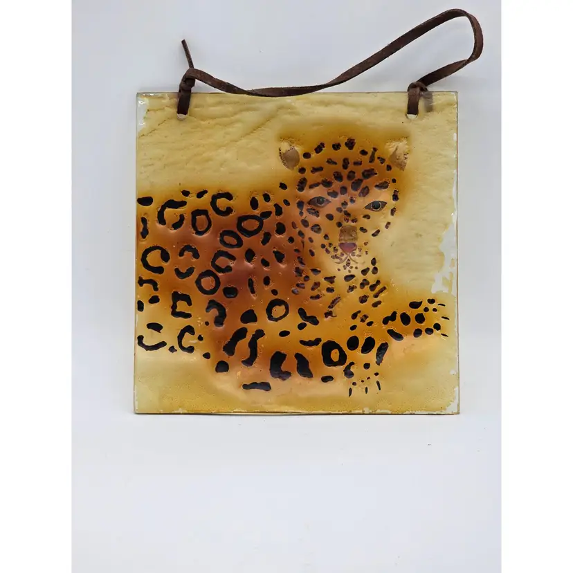 Vtg Fused Art Glass Leopard Cheetah 6x6 Wall Art Leather