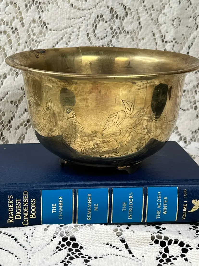 vintage Thin Tarnished Brass Footed Asian Theme Bowl/Planter 4" X 7"