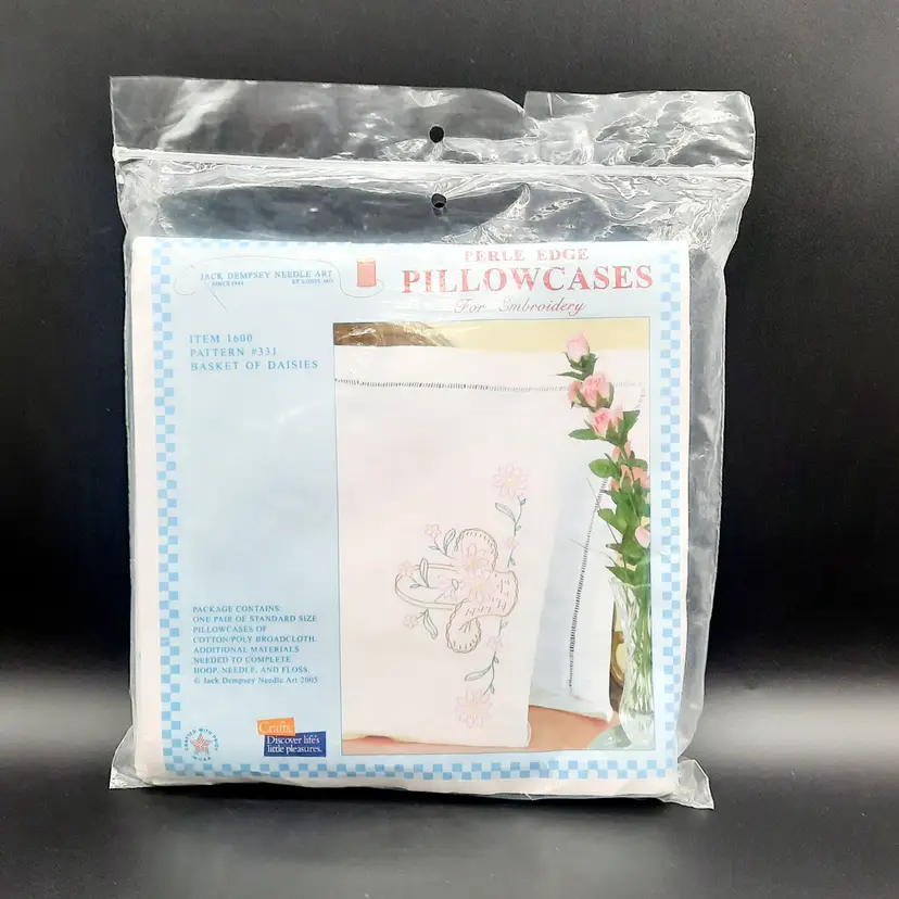 Vintage Jack Dempsey Needle Art "Basket of Daisies" Perle Edge Pillowcases for Embroidery 2005