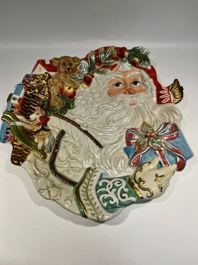 Fitz & Floyd- “Enchanted Holiday” Santa, Vintage Toys- Cookie/ Canapé Tray/plate- Holes In Back for Hanging- 10.25x10”