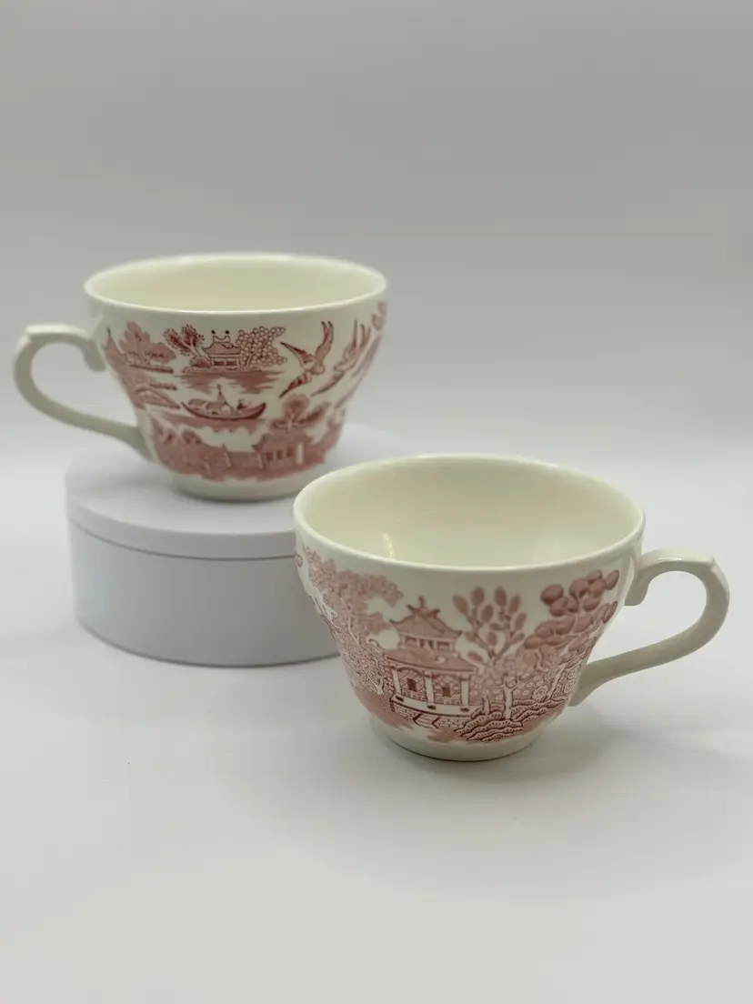 Vintage Red Willow Tea Cups, Pastoral English Countryside Scene, Set Of 2, By Churchill, Made In England