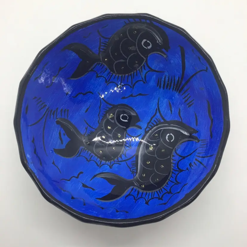 Mexican Hand Painted Glazed Pottery Terra Cotta Bowl Koi Fish W Feet Blue Black