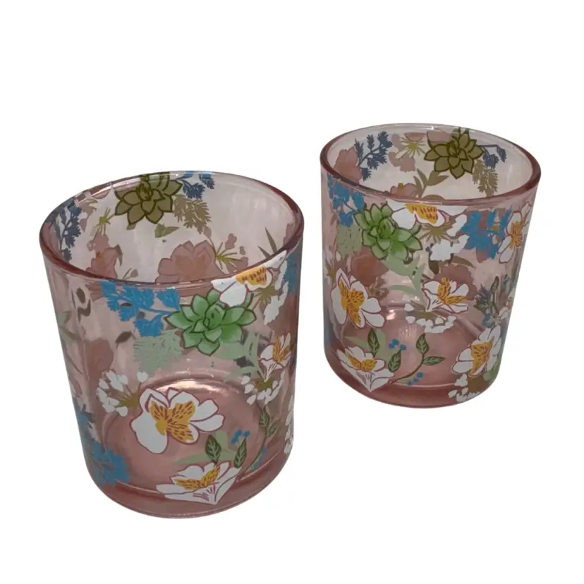 Pink 3” Floral Painted Glasses Set Of 2 Mini Drinking Glasses Or Candle Holder