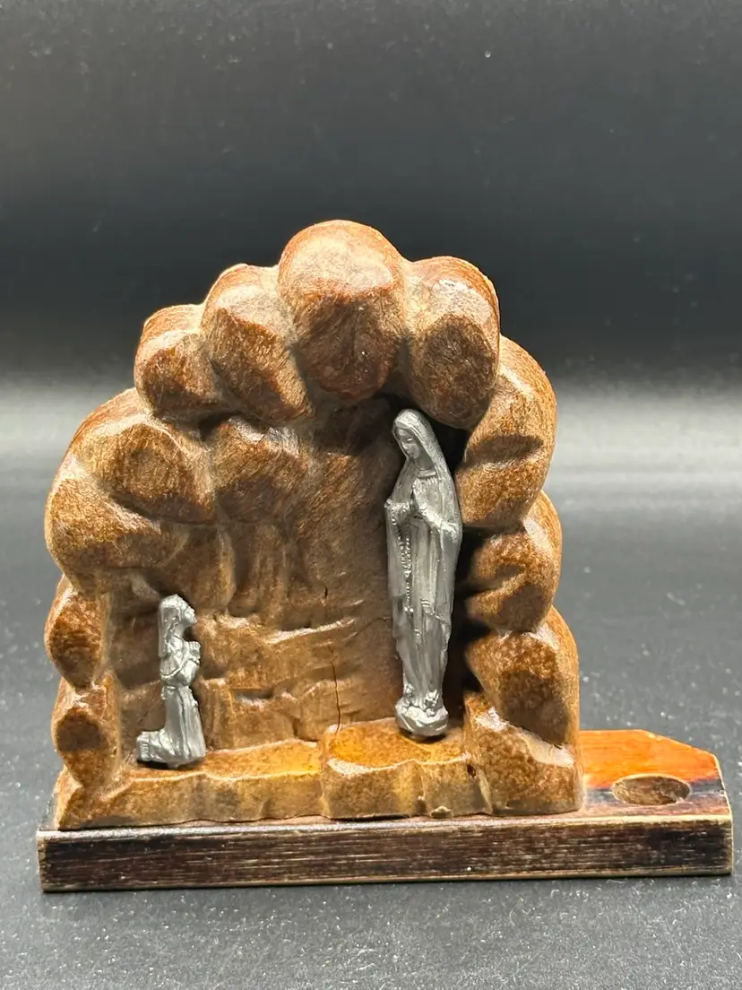 Vintage Italian Hand Carved Ave Maria W/ Kneeling Child Wood & Metal