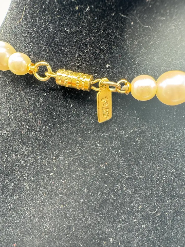 Vintage “1928” glass Bead Faux Pearl Black, And White With Gold Tone Accents