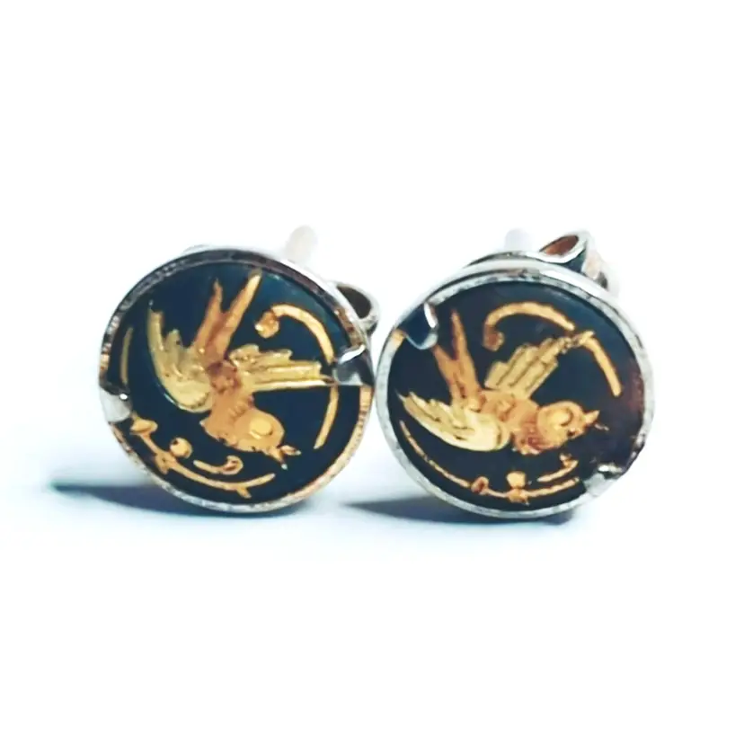 Vintage Damascene Gold Tone Round Bird Stud Earrings