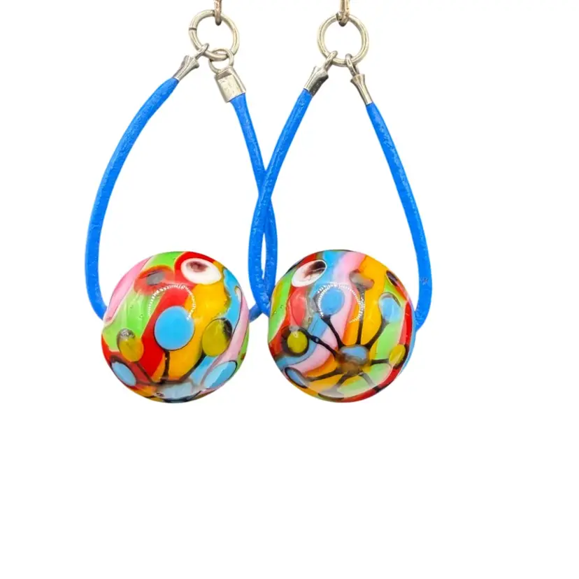 Sterling Silver Artisan Glass Drop Pierced Earring - Rainbow Colorful Spinner Ball