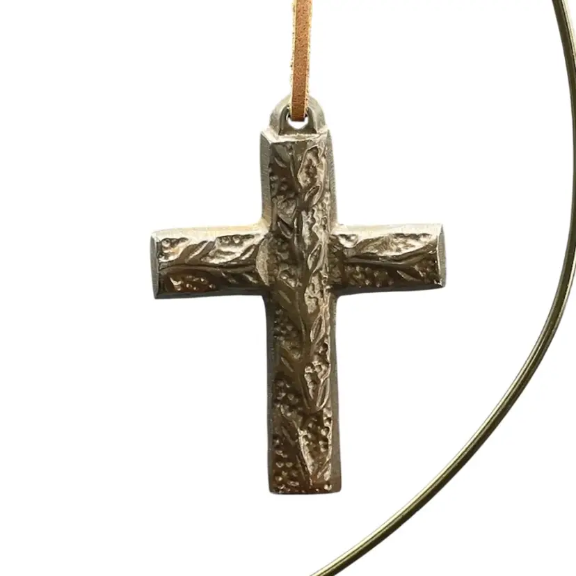 Solid Brass Cross with Leaf Pattern Hanging Christmas Ornament Holy Religious