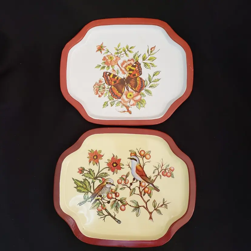 Snack Coin Trays - 1 Butterfly tray & Birds 1 tray 7 5/8" x 6 1/4 Metal