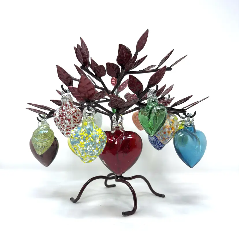 Contemporary Handblown Glass Heart Ornament Set with Iron Tree of Life Stand – Made in Mexico (0011-26)