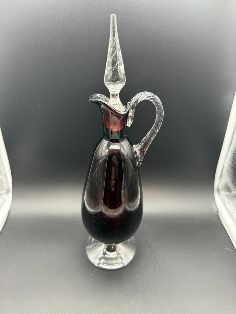 MCM Empoli Amethyst/Purple Decanter with Twisted Applied Handle Stopper 3 Shot Glasses