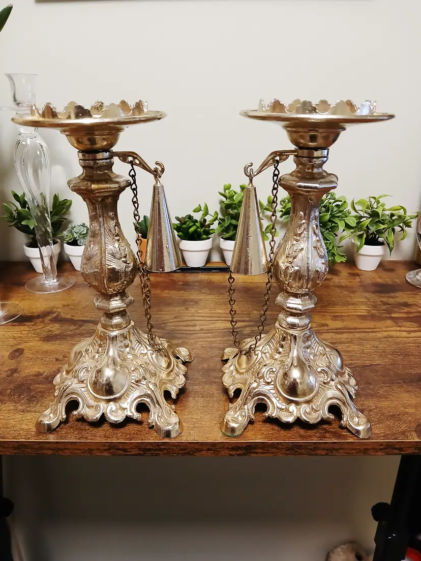 Ornate Champaign Toned Candle Holders with Snuffers