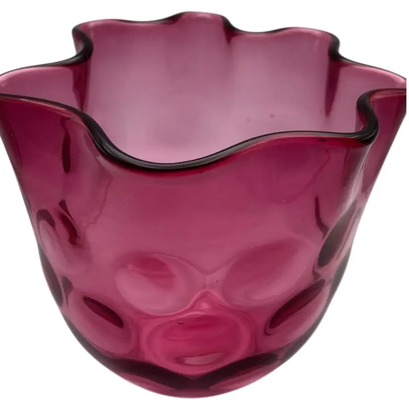 FENTON Cranberry Glass Inverted Thumbprint Pinched Vase