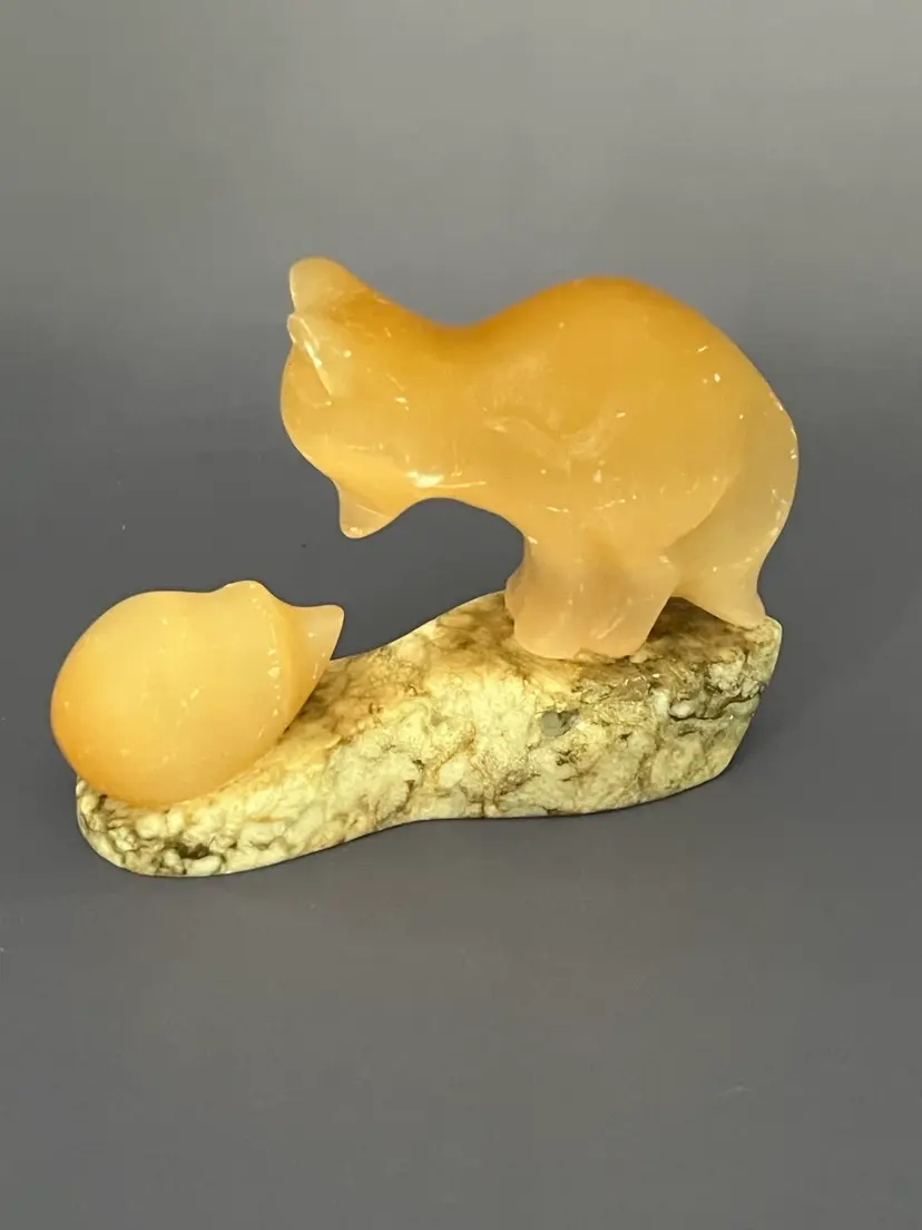 Vintage Soviet Era Russian Selenite Fox and Hedgehog Carving on Granite Base, 1960s