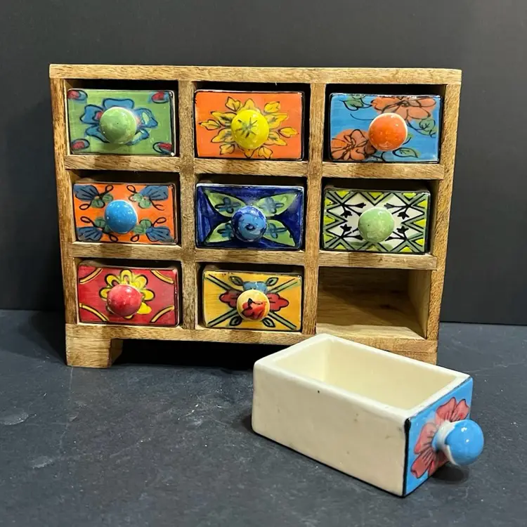 Vintage Wooden 9 Floral Porcelain Spice Drawer Apothecary Cabinet , India ~6.25” x 3.25” x 7.75”