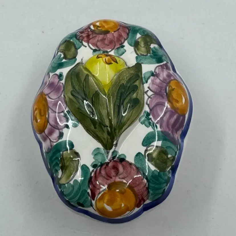 Hand-painted Greek trinket box with floral motifs and blue border