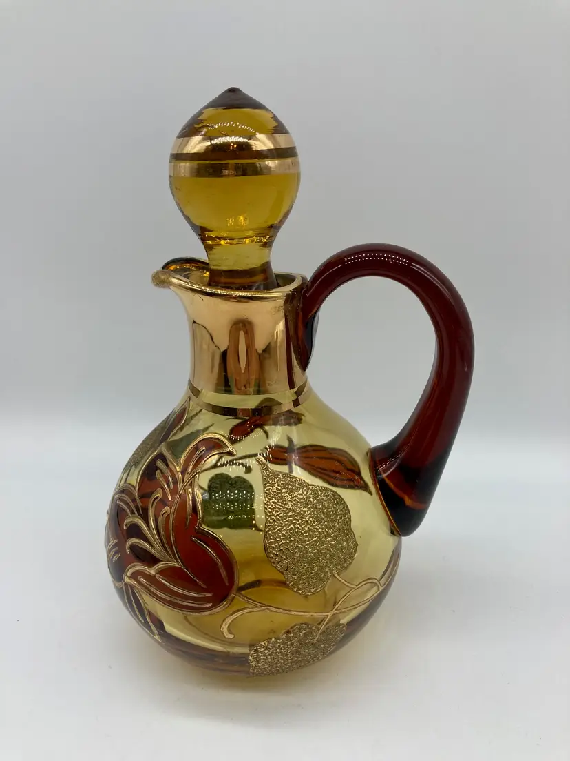 Vintage Amber with Gold Enamel Painting Cruet with Stopper