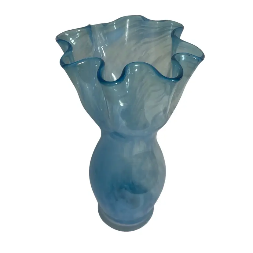 Vintage Wales Hand Blown Blue & White Swirl Vase Handkerchief Ruffle Rim 8” Tall Art