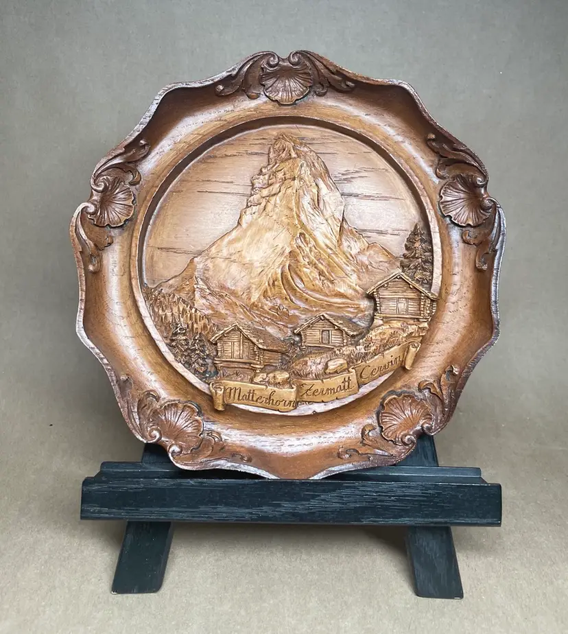 Vintage Alpine Matterhorn Zermatt Cervin 3D HAnd Carved Plaque Plate Wall Hanging