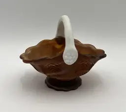 Vintage Imperial Marbled Brown White Caramel Swirl Slag Glass Handle Basket 5.5"