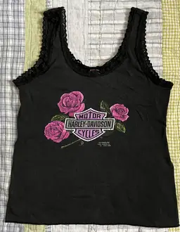 Vtg Harley Davidson 3D Emblem Tank Top Womens LRG Black Rose Lace Biker 90s USA