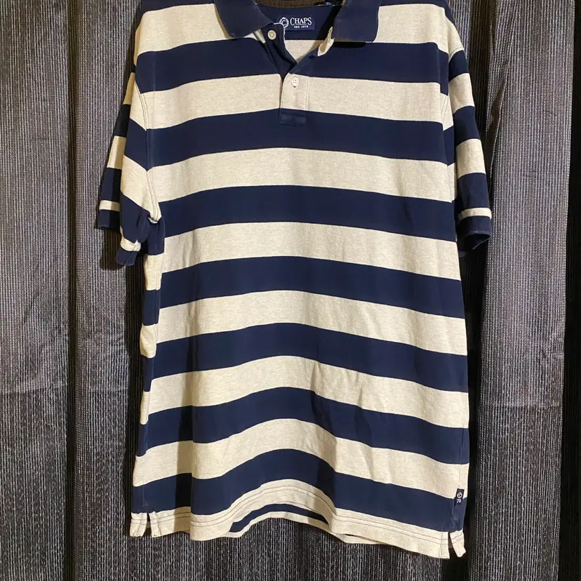 Chaps Men's Size XL Navy Blue Striped Short Sleeve Polo Shirt - Y2K Era