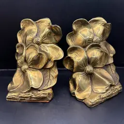 MCM PM Pennsylvania Metal Crafters Solid Brass Dogwood Bookends Made In USA 5.25”