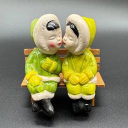 Vintage Kissing Inuit Salt and Pepper Shakers Ceramic Sitting on Bench