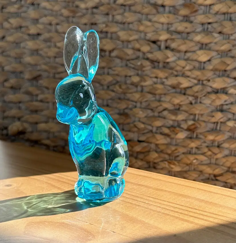 Vintage Fenton? Easter Bunny Rabbit Hand Blown Blue Glass Paperweight Figurine 5”