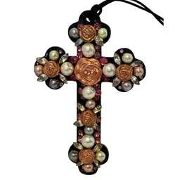 Handmade 4” Cross Ornament Or Wall Hanging With Roses And Peals