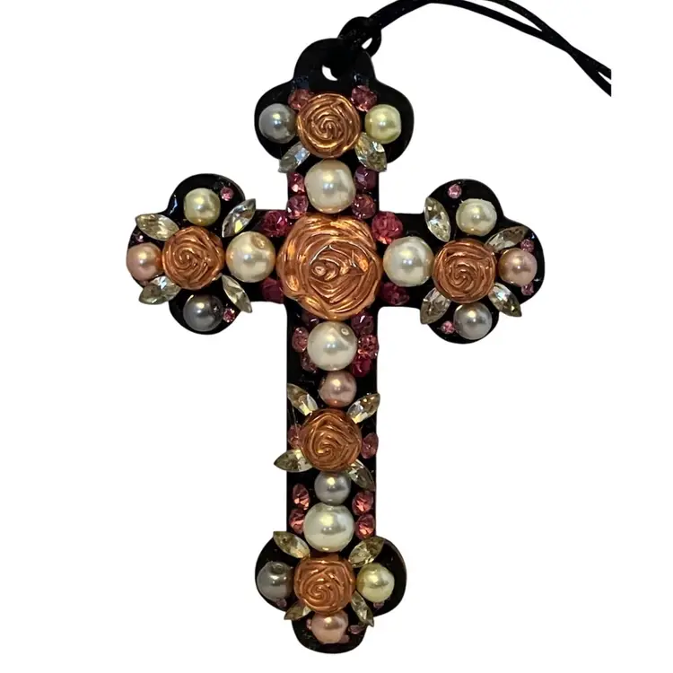 Handmade 4” Cross Ornament Or Wall Hanging With Roses And Peals