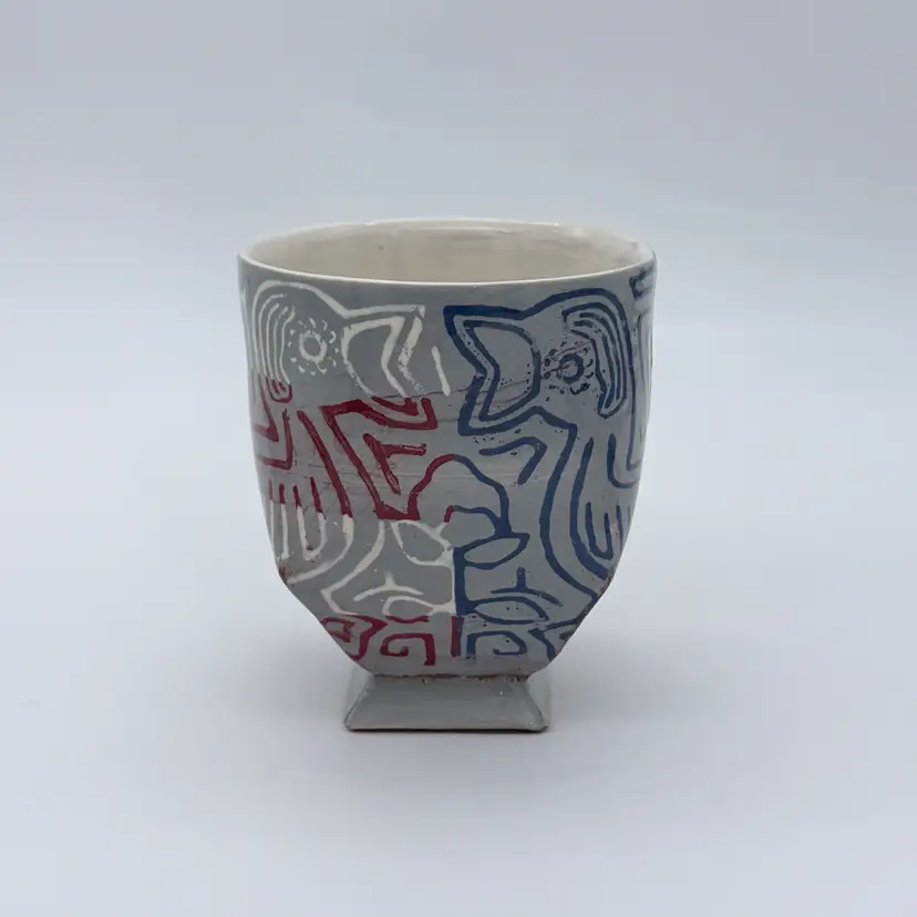 Vintage Red White & Blue Red Clay Studio Art Potty Bowl Planter Vase Signed