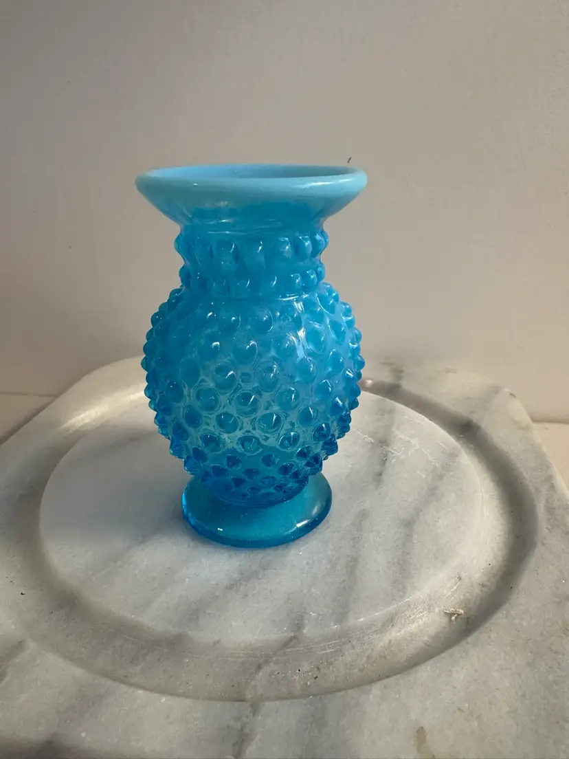 Vintage Fenton Blue Opalescent Hobnail Round Top Vase